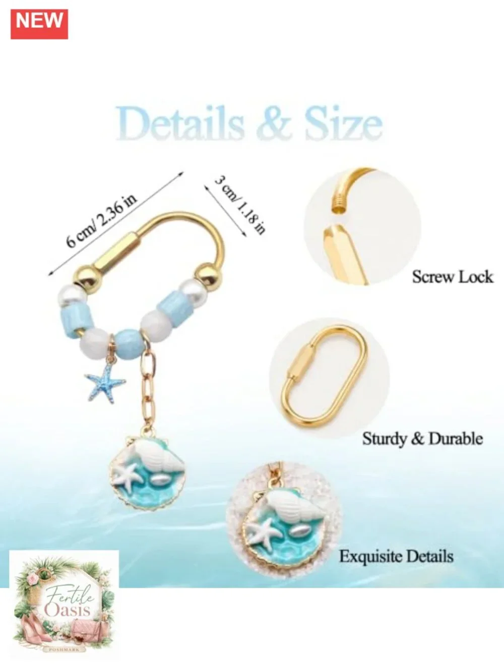 Gold Carabiner Keychain with Beads & Charms, Bag Charm for Handbags, Detachable